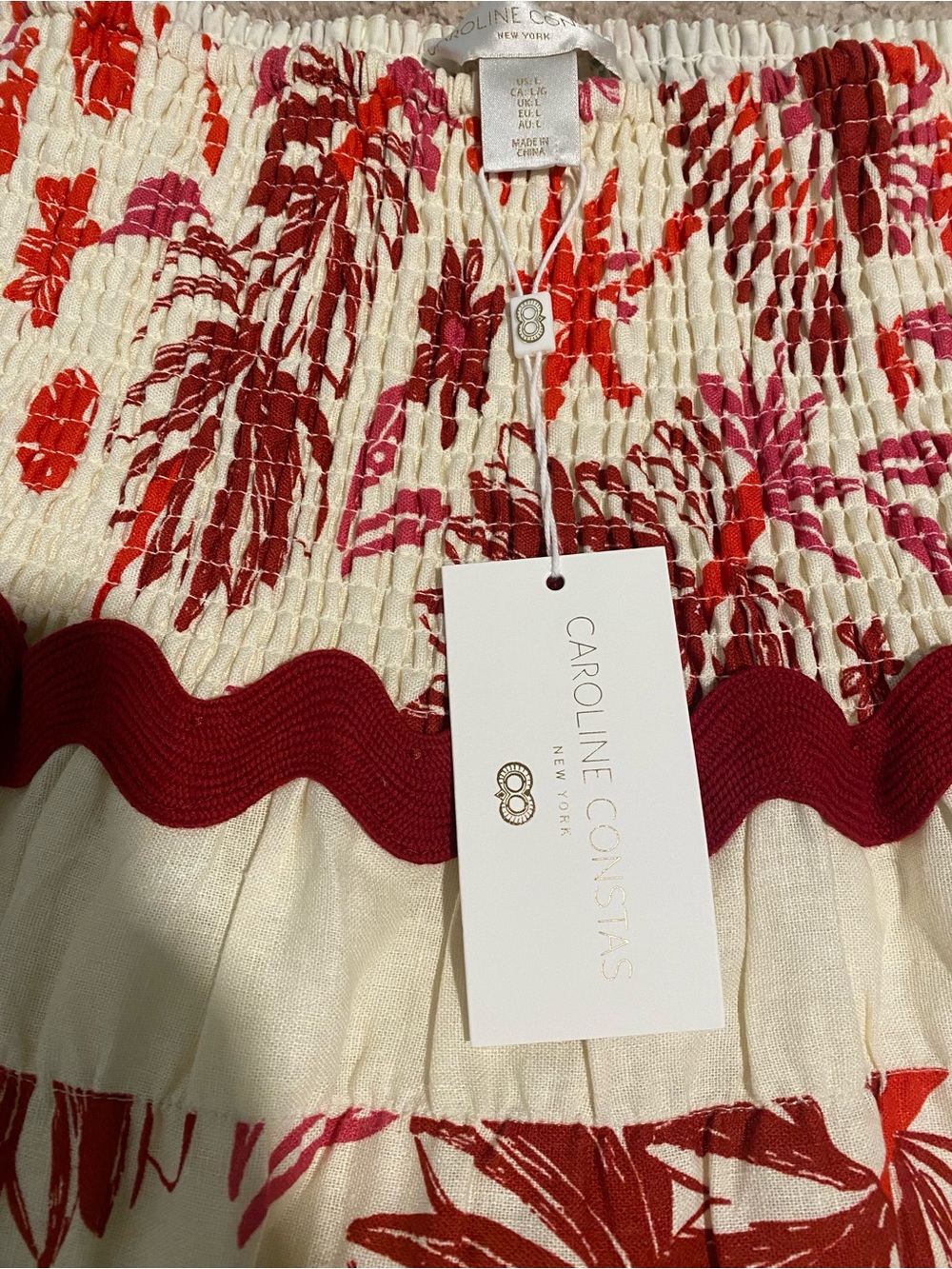 NWT Caroline Constas Tiered White Maxi Skirt with Red Floral Trim Size Large - Picture 3 of 4